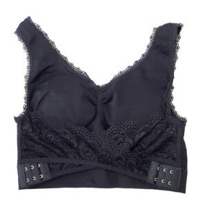 Black Sports Bra Top S/M Black Pullover Removeable Padding Lace Cross Front